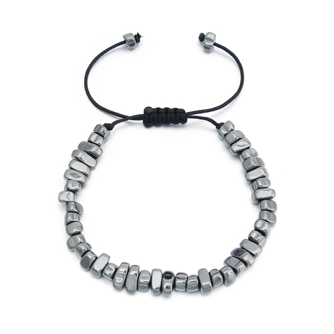 Men Beaded Bracelet Natural Irregular Hematite And Stainless Steel Handwoven Adjustable Braided Rope Jewelry