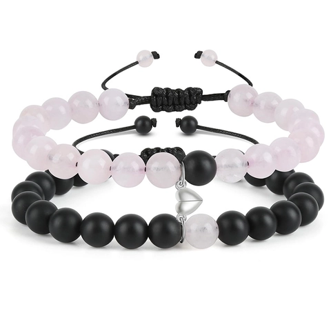 Bracciali Di Coppia Pietra Cristallo Rosa Naturale Opaca Attrazione Magnetica Cuore Regolabile Intrecciato A Mano Regalo