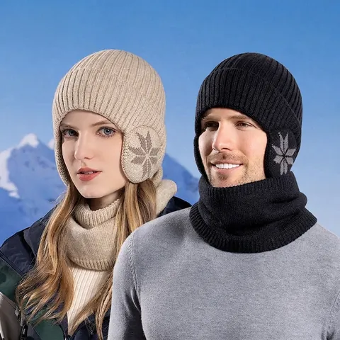 Winter Knitted Earflap Hat And Neck Warmer Scarf Fleece Lined Warm Windproof Outdoor Cycling Snowflake Pattern Acrylic