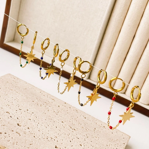 Roestvrijstalen Ster Hanger Hoop Oorbellen Met Lange Ketting En Gekleurde Kralen Dubbele Piercing Sieraden Voor Dames