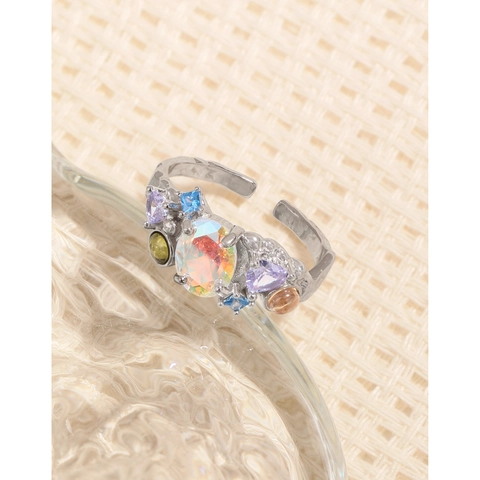 Vintage 925 Sterling Silver Adjustable Open Ring For Women Multi Color Zirconia Artificial Opal Textured Band Niche Design Jewelry Finger Ring