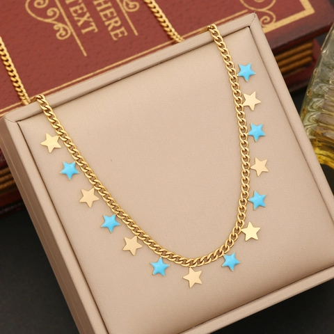 Edelstahl Halskette Vergoldet Blau Emaille Herz Stern Mond Schmetterling Anhänger Schlüsselbein Kette Mode Schmuck Damen