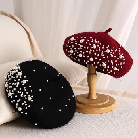 Women Beret Hat Acrylic Artificial Pearl Rhinestone Warm Winter French Style Artist Painter Cap Elegant