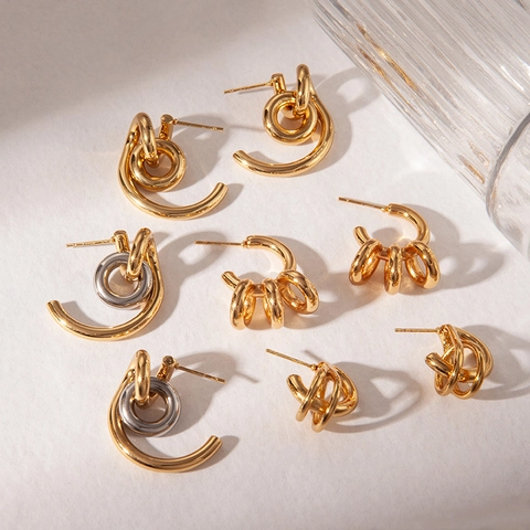 Modern Minimalist Stainless Steel Irregular Geometric Earrings Hollow Out Gold Silver Bicolor Hoop Earrings Jewelry For Women