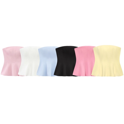 Women Peplum Tube Top Strapless Slim Fit Structural Stitching Polyester Solid Color Chic Fashion Top