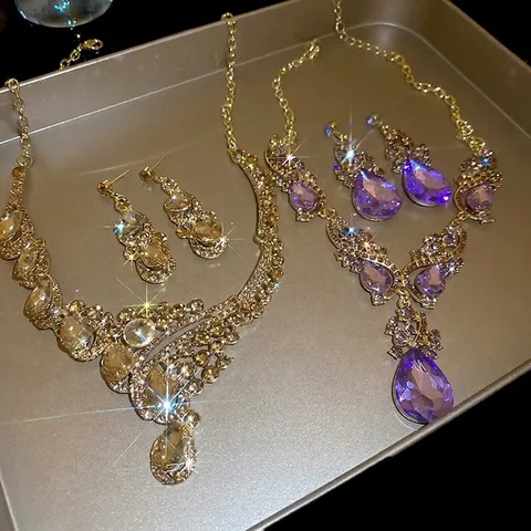 Collar Y Pendientes Con Colgante De Gota De Agua Aleación Estrás Cristal De Imitación Lujo Estilo Corte Vintage Mujer
