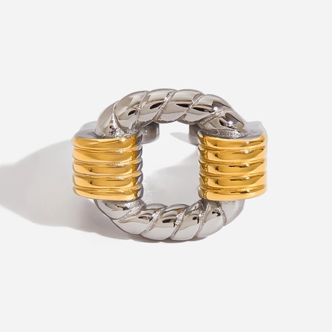 Zweifarbiger Gold Silber Offener Ring 18K Vergoldeter Edelstahl Gedrehtes Seil Gerippt Hohl Verstellbarer Schmuck