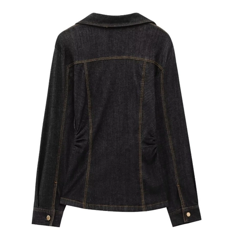 Camicia In Denim A Maniche Lunghe Da Donna E Pantaloni A Vita Alta Vestibilità Aderente Streetwear Casual Indaco Scuro