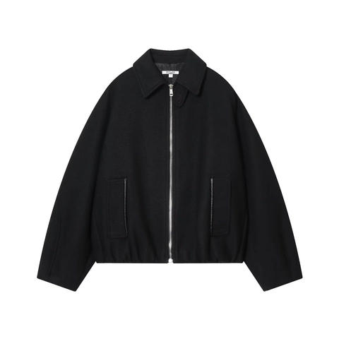 Dames Zwart Twill Wollen Look Jas Lange Mouw Rits Revers Casual Streetwear Mantel Met Lederen Patchwork Zakken