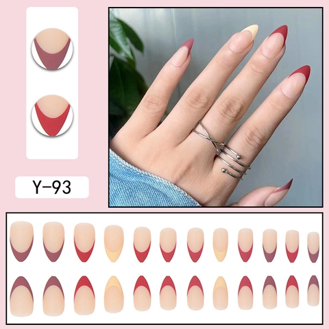 French Tip Press On Nails Matte Almond Shape Plastic Artificial Fingernails DIY Manicure Red Nude Elegant Style