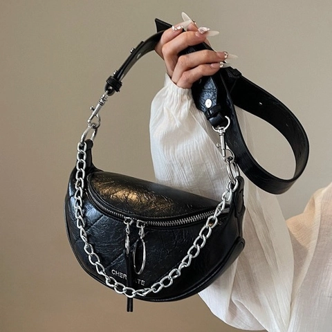 Women Crescent Crossbody Bag PU Leather Metallic Pleated Quilted Half Moon Shoulder Chest Bag Metal Chain Wide Strap