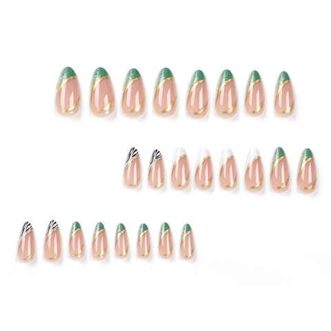Almond Shape Press On Nails French Green Zebra Pattern Gold Foil Line Glossy False Nails Art For Women