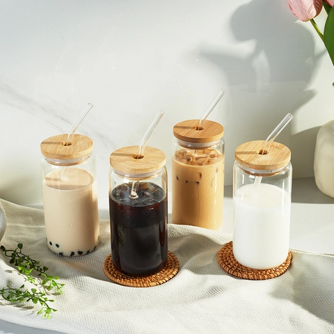 High Borosilicate Glass Cup Can Shaped With Bamboo Lid And Straw Heat Resistant Transparent Tumbler Drinking Jar