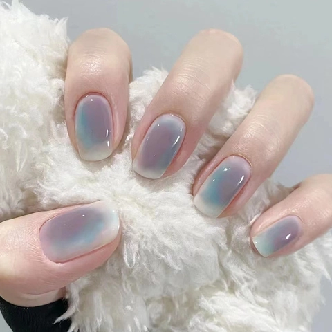 Press On Nails Gradient Blue Purple Oval False Nails Glossy Full Cover Artificial Nail Tips For DIY Manicure