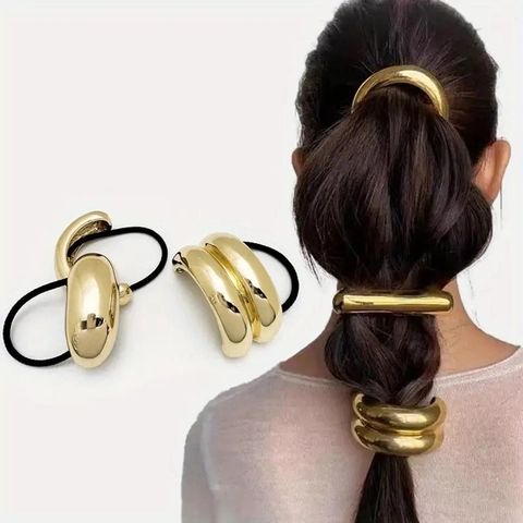 Minimalistische Metall Ponytail Manschette Haargummis Legierung Gold Finish Elastische Haarbänder Geometrische Frauen
