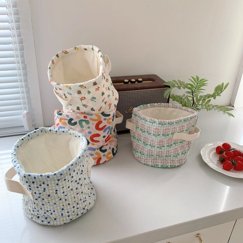Quilted Cotton Fabric Storage Basket With Handles Desktop Organizer Round Cloth Bin For Cosmetics Snacks Stationery