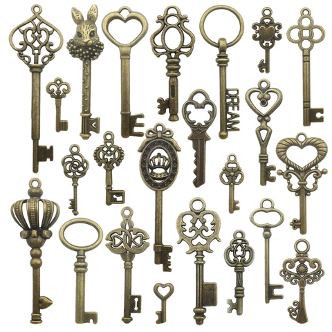 Vintage Antique Bronze Keys Zinc Alloy Charms Pendants For DIY Jewelry Making Crafting Heart Crown Shapes