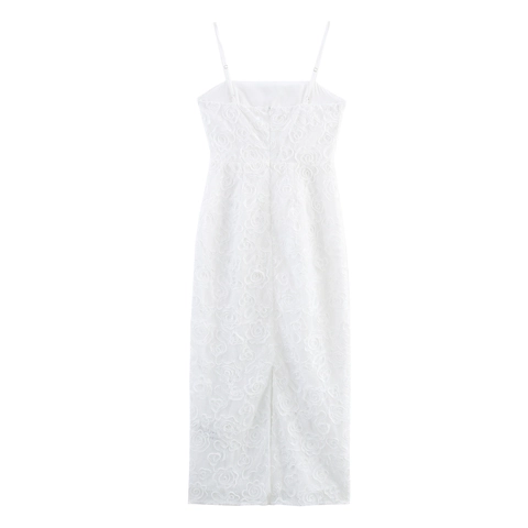Maxi Jurk Camisole 3D Bloemstructuur Kant Polyester Slim Fit Sexy Elegant Vrouwen Feest Avond Wit