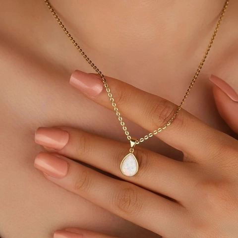 Edelstahl Wassertropfen Anhänger Halskette Mit Synthetischem Opal Stein Minimalistischer Schmuck Für Damen Mode