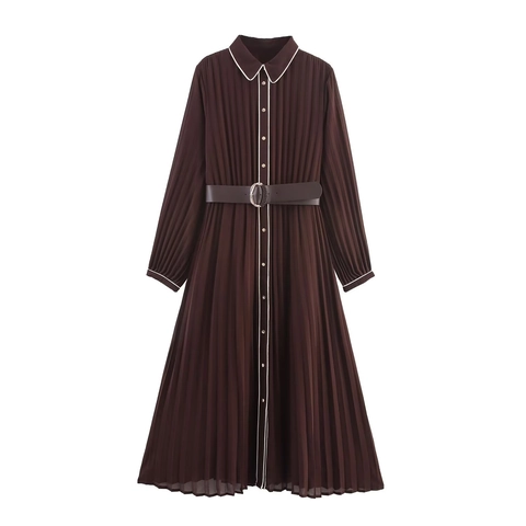 Elegant Pleated Midi Dress Chiffon Long Sleeve Contrast Piping Shirt Collar A-Line With Belt For Women Retro Solid