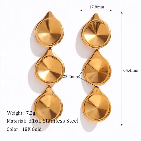 Orecchini Pendenti Geometrici In Acciaio Inossidabile 316L Placcato Oro 18K Tripla Goccia Donna Minimalisti Lucidi