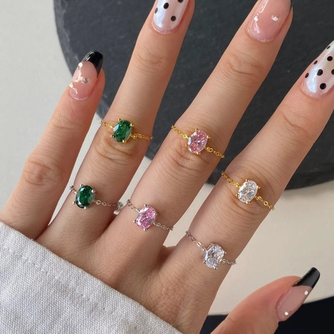 Anello A Catena Regolabile Rame Zircone Cuore Goccia Ovale Geometrico Delicato Minimalista Gioielli Da Dito Impilabili Da Donna