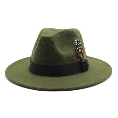 Retro Fedora Hat Wool Felt Texture Wide Flat Brim With Feather And Ribbon Decor British Style Fashion Jazz Hat Unisex