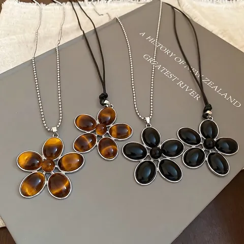 Bloem Hanger Ketting Retro Hars Edelsteen Legering Etnische Stijl Lange Trui Ketting Voor Vrouwen Vintage