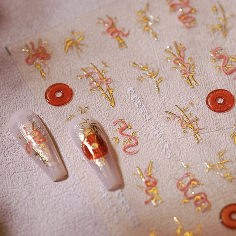 Chinesischer Stil 3D Geprägte Bronzierte Nagelkunst Aufkleber Gold Bambus Schlange Drachen Muster Maniküre Dekoration