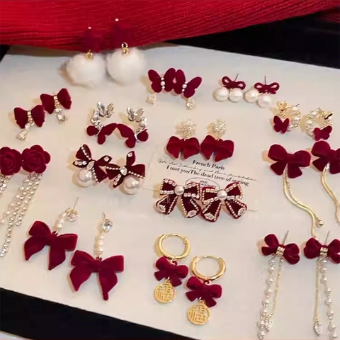 Red Velvet Bow Rose Heart Earrings With 925 Sterling Silver Earring Post Rhinestone Artificial Pearl Vintage Sweet Style