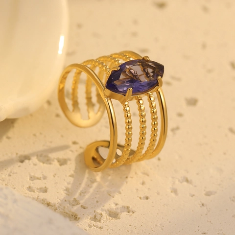 Vintage Stainless Steel Open Adjustable Ring Women Purple Amethyst Geometric Gemstone Gold Plated Hollow Finger Jewelry