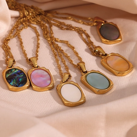 Vintage Edelstahl Halskette Mit Rechteckigem Muschelanhänger Für Damen Vergoldet Abalone Perlmutt Schmuck Geschenk