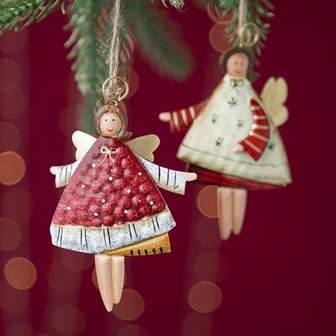 Retro Christmas Hanging Ornaments Hand Painted Iron Angel Santa Snowman Tree Decoration Holiday Party Decor