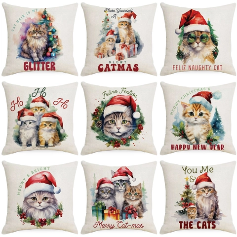 Weihnachten Katze Kissenhülle Leinen Aquarell Festlich Urlaub Zuhause Sofa Dekorativ Quadratisch Kissenbezug