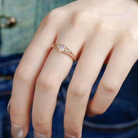 Vintage S925 Sterling Silver Ring 14K Gold Plated Water Drop Labradorite Hollow Pattern Luxury Women Jewelry Ring