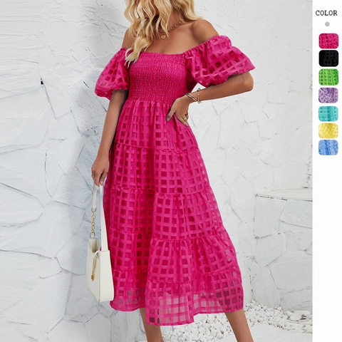 Women Summer Off Shoulder Maxi Dress Smocked Tiered Puff Sleeve Checkered Textured Beach Vacation Elegant Sweet Lady
