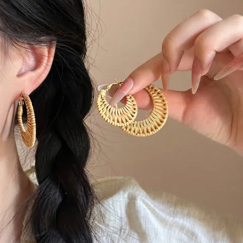 Pendientes Bohemios Rafia Concha Madera Tejidos A Mano Vacaciones Playa Étnico Vintage Mujer Con 925 Plata Pendientes