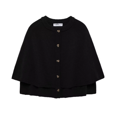 Damen Acryl Polyester Strickschal Cape Rundhals Knopf Vorne Lose Passform Einfarbig Lagen-Strickjacke Wickel Für Den Alltag Büro