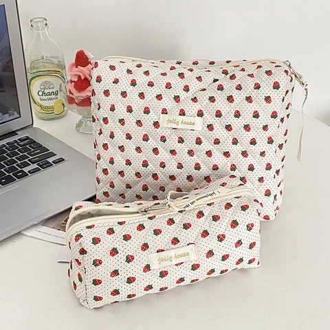 Borsa Per Trucco Trapuntata Motivo Floreale Fragola Grande Capacità Organizzatore Per Cosmetici Portatile Astuccio Da Viaggio Per Donne