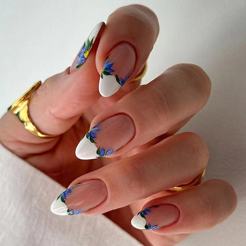 French Almond Press On Nails Blue Iris Floral Print ABS Plastic Detachable False Nail Tips For Women Elegant Simple