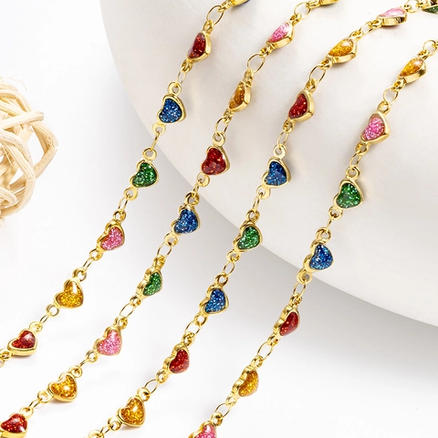 Cadena De Eslabones En Forma De Corazón De Acero Inoxidable Para Hacer Joyas DIY Esmalte Con Purpurina Colorida Chapado En Oro