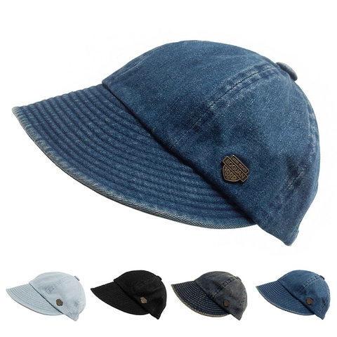 Washed Denim Cotton Bucket Hat For Women Wide Big Brim Sun Protection Vintage Metal Badge Decor Round Top Outdoor