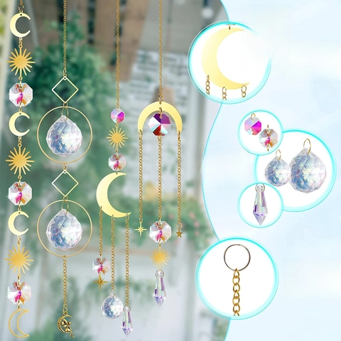 Crystal Suncatcher Prism Ball Hanging Pendant Metal Sun Moon Star Rainbow Maker Garden Window Decor Celestial Ornament