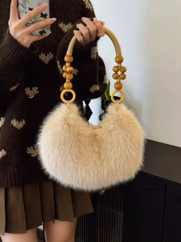 Bolso De Mano Creciente De Piel Sintética Vintage Con Asa De Cuentas De Madera Invierno Bolso Hobo De Felpa Suave