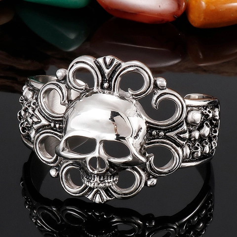 Gothic Skull Cuff Bracelet Stainless Steel Vintage Punk Rock Wide Open Bangle Jewelry For Men Hollow Design