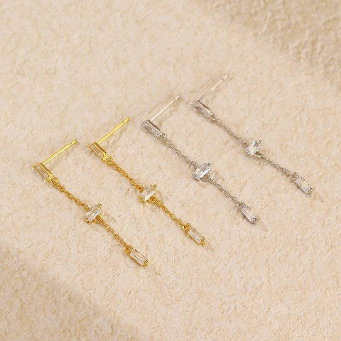 S925 Sterling Silver Long Tassel Chain Earrings For Women Minimalist Geometric Rectangular Rhinestone Dangle Jewelry Gift