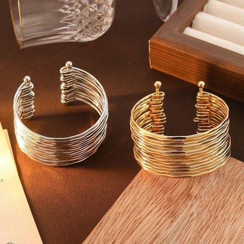 Multi Layer Rippled Metal Open Cuff Bracelet Alloy Adjustable C Shaped Wide Stackable Bangle Hip Hop Minimalist Style