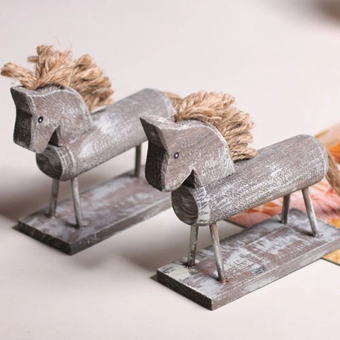 Figura De Caballo De Madera Estatua De Animal Retro Desgastada Con Crin Cola De Yute Decoración Hogar Rústica Ornamento