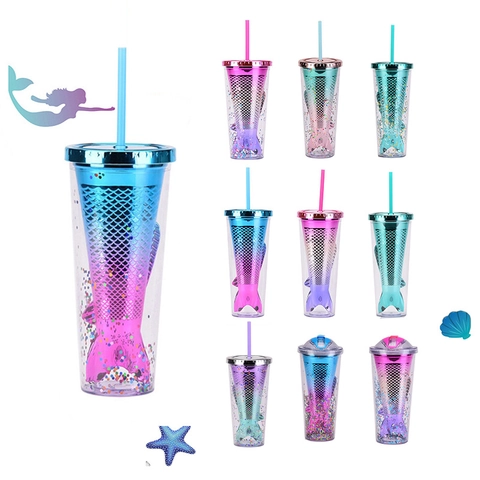 Mermaid Tail Tumbler Double Wall Plastic Gradient Color With Straw And Lid Novelty Sequin Glitter Drinkware Cup