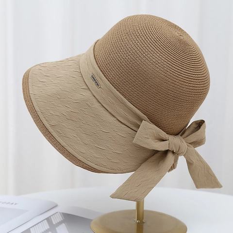 Women Sun Straw Hat Patchwork Fabric Bow Decor Split Back Elegant Vacation Beach Breathable Foldable Fashion Cap